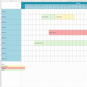 Könnte beinhalten: Ein digitaler Tabellenkalkulationskalender für Januar mit zehn Räumen in blauen Zellen. Das Raster zeigt farbcodierte Reservierungen für Ann Smith, John Doe, Ethan Rivers, Lucas Bennett und Aubrey Wells sowie eine Legende für den Status.