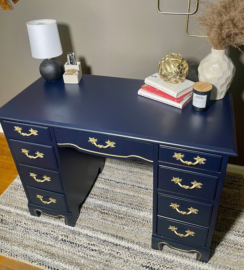 Refurbished Executive Desk L Office Desk L Navy Blue/gold Hardware L 8 ...