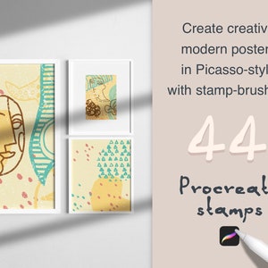 May include: 44 Procreate stamps for creating modern posters in a Picasso style. The stamps feature abstract shapes, lines, and patterns in a yellow, blue, and red colour scheme.