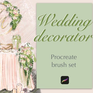 Può includere: Un'illustrazione digitale di una tavola da matrimonio con composizioni floreali e candele. Il testo "Wedding decorator Procreate brush set" è visualizzato su uno sfondo verde con l'icona dell'app Procreate.