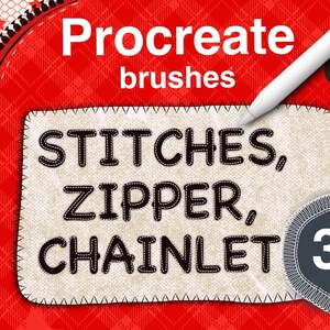 May include: A red and white plaid background with a zipper and a white label that says "Procreate brushes STITCHES, ZIPPER, CHAINLET 35".