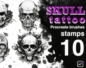May include: A set of 10 Procreate brushes and stamps featuring detailed black and white skull illustrations with floral accents. The text "SKULL tattoo" and "stamps 10" is displayed in purple.