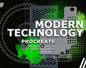 May include: A digital illustration of a set of Procreate brushes with a modern technology theme. The image features a green and black color scheme with geometric shapes and patterns. The text "MODERN TECHNOLOGY PROCREATE brushes" is displayed in white.