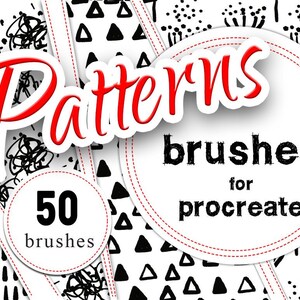 May include: A set of 50 black and white pattern brushes for Procreate. The brushes are designed to create a variety of patterns, including geometric, floral, and abstract designs.