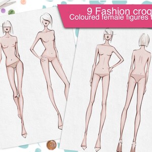 May include: Nine fashion croquis templates featuring female figures in various poses. The figures are drawn in a simple, stylized manner and are colored in a light skin tone. The templates are perfect for fashion designers and illustrators to use as a base for their own designs.
