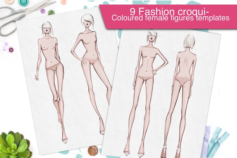 May include: Nine fashion croquis templates featuring female figures in various poses. The figures are drawn in a simple, stylized manner and are colored in a light skin tone. The templates are perfect for fashion designers and illustrators to use as a base for their own designs.