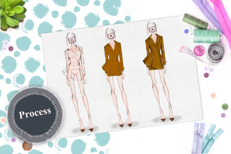 May include: Three fashion illustrations of a woman wearing a brown blazer with a short skirt. The blazer has a double-breasted closure and a ruffled hem. The skirt is a mini skirt. The woman has short blonde hair and is wearing high heels.