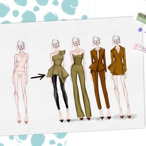 May include: A fashion illustration showing a progression of clothing designs. The first image is a blank template, followed by five different outfits in shades of green and brown.