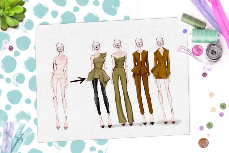 May include: A fashion illustration showing a progression of clothing designs. The first image is a blank template, followed by five different outfits in shades of green and brown.