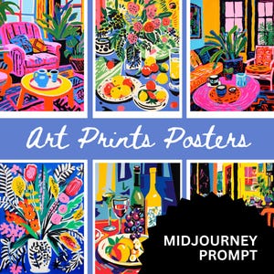 Op de afbeelding: Een set van zes kleurrijke kunstprints met stillevens met bloemen, fruit en huishoudelijke artikelen. De prints zijn omlijst met een zwarte rand en hebben de tekst "Art Prints Posters" en "Midjourney Prompt" erop.