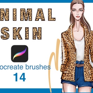 Könnte beinhalten: Eine digitale Illustration einer Frau, die eine Jacke mit Leopardenmuster und Jeans-Shorts trägt. Der Text "ANIMAL SKIN" ist in großen Buchstaben mit einem Leopardenmuster geschrieben. Der Text "Procreate brushes 14" ist ebenfalls sichtbar.
