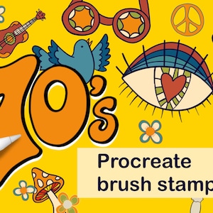 70's Procreate Brush Set/ Procreate doodle stamps/ Flower Procreate Stamps, Peace Love, 70s, Retro Element, swatches