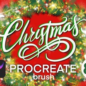 Noël, Nouvel An Procreate Brush Set. Téléchargement de pinceaux procréés: Flocons de neige, paillettes, sapin de Noël, décorations, calligraphie.