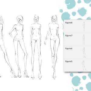 May include: Line drawing of four female fashion figures in various poses. The figures are all standing with their legs and feet visible. The figures are all wearing simple clothing, and their faces are not visible.