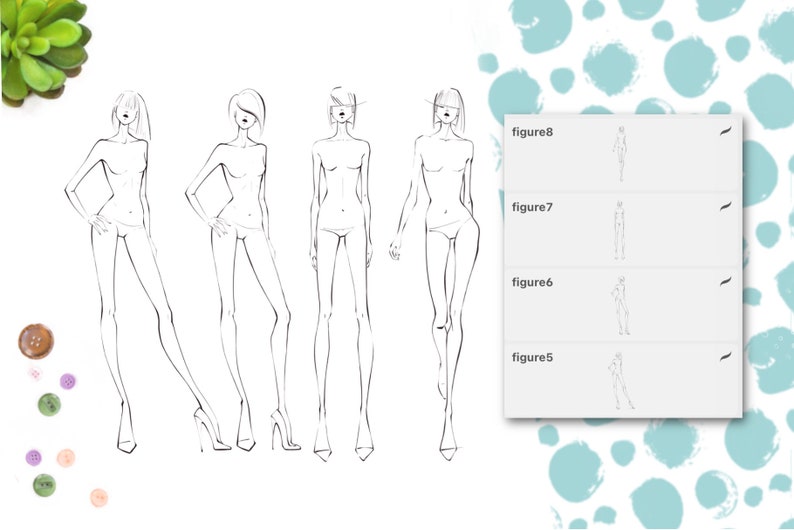 May include: Line drawing of four female fashion figures in various poses. The figures are all standing with their legs and feet visible. The figures are all wearing simple clothing, and their faces are not visible.