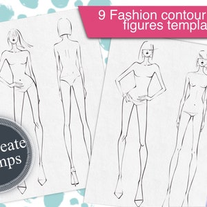May include: Nine fashion contour female figure templates for Procreate stamps. The templates are black line drawings of female figures in various poses.