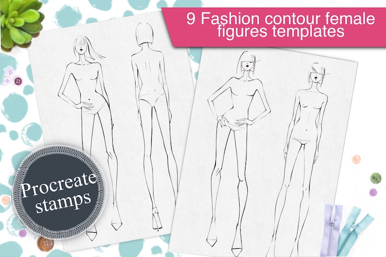 May include: Nine fashion contour female figure templates for Procreate stamps. The templates are black line drawings of female figures in various poses.