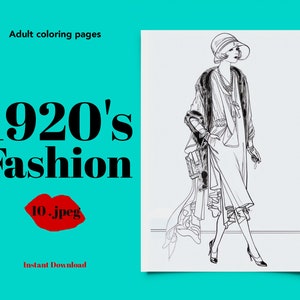 以下が含まれることがあります： 1920年代のフラッパーのドレスと帽子を着用した女性の白黒の線画。女性は小さなハンドバッグを持ち、首に長い真珠のネックレスをしています。画像は「1920's Fashion 10.jpeg」というタイトルです。