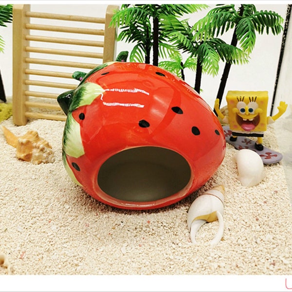 Cute strawberry shaped Hamster ceramics hideout Small pet playhouse supplies Hamster ceramics toys furniture tunnel cabin cage decor