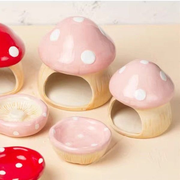 Set of Pink Mushroom Ceramics hamster house,Feed Bowl,Water Bottle Stand,landscape platform supplies, cage interior furniture decorations