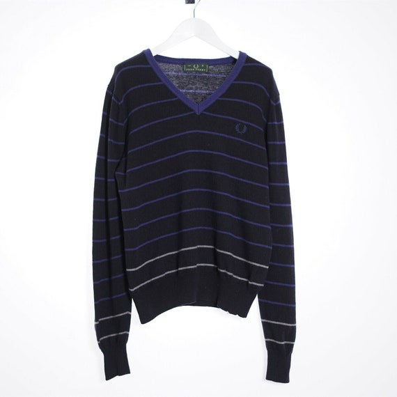 Vintage Fred Perry Mens V-Neck Jumper Black, Blue \u0026 Grey (S)
