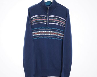 Vintage Nautica Mens Funnel Neck Jumper Blue, Grey \u0026 Red (M)