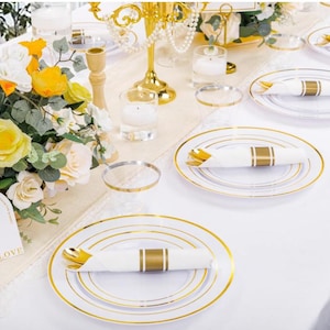 30 Set Dinnerware Disposable Birthday Party Dinner Set Wedding Fancy Plates Dessert Plates Pre-Rolled Napkins Gold Silverware Cups