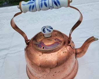 Vintage Copper Teapot with Ceramic Handle