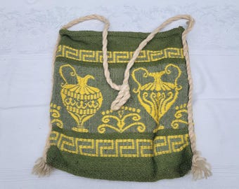 Vintage Grecian Woven Tagari Tote Bag Boho Rope Tassles