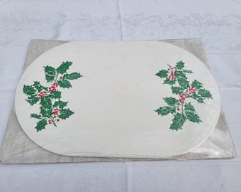 VINTAGE Christmas Holly Berries Oval Placemats Set of 4, New Old Stock, Original Packaging