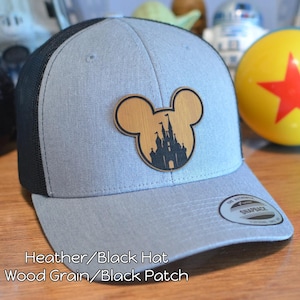 Youth/Adult Custom Color Mickey Ears Castle Leather Patch Flex Fit Hat - Disneyland Castle Mickey Ears Farmer Cap - Snap Back Trucker Hat