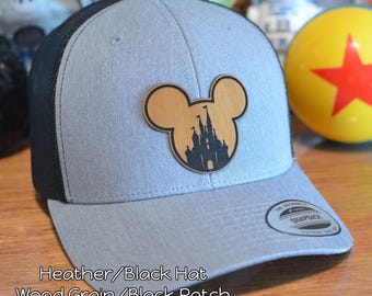 Youth/Adult Custom Color Mickey Ears Castle Leather Patch Flex Fit Hat - Disneyland Castle Mickey Ears Farmer Cap - Snap Back Trucker Hat