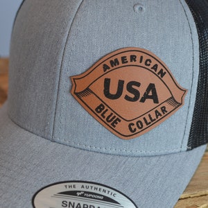 USA American Blue Collar Worker Leather Patch Hat / Leather Trucker Blue Collar Hat / Snapback Adjustable Blue Collar Leather Farmer Hat