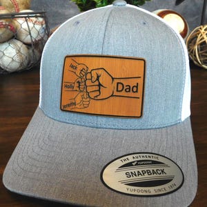 Custom Leather Patch Trucker Hat – Dad & Kids Fist Bump with Personalized Names – Father’s Day Gift, Flexfit Custom Hat, Dad-Children Fists