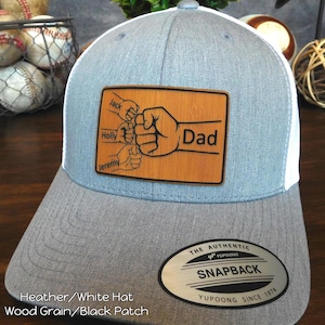 Custom Leather Patch Trucker Hat – Dad & Kids Fist Bump with Personalized Names – Father’s Day Gift, Flexfit Custom Hat, Dad-Children Fists