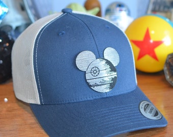 The Dark Side Death Star Mickey Ears Disneyland Vacation Hat - Death Star Disneyland Leather Patch Trucker Hat - Star Wars Mickey Ears Cap