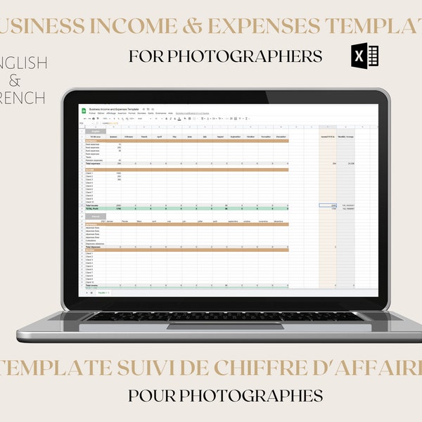Business Income and Expenses Template for Photographers, Template Suivi Chiffre d'Affaire et gestion pour Photographe, Excel Template