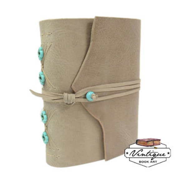 Leather journal with turquoise beads -vintage journal- diary -A5-