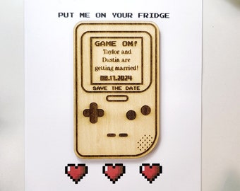 Video Game Geek Save The Date Magnets, Cute and unique GameBoy invites | Personalized Wedding Announcement | Laser Engraved wooden magnet