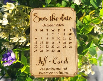 Imanes de boda rústicos para anunciar la fecha de la boda, calendario para anunciar la fecha de la boda, invitaciones de boda económicas, imán de madera personalizado y tarjeta.
