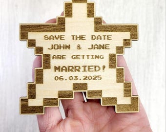 Retro Gamer Wedding Save the Date Magnet | Power Up 1UP Pixel Star Wooden Save the Dates | Nerdy Video Game Geek Couple Invitations