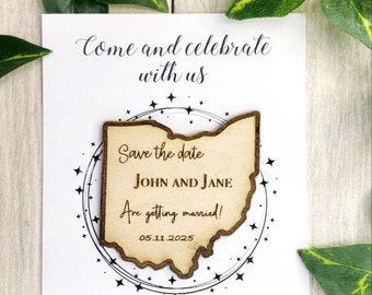 Rustikaler Save-the-Date-Magnet aus Holz: Hochzeit in Ohio