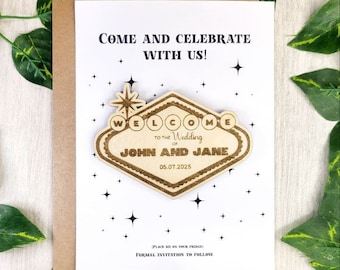 Vegas Wedding Save The Date-magneet: gepersonaliseerde uitnodiging voor houtbestemming