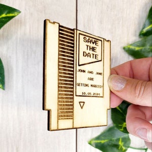 Video Game Save the Date Magnet • Retro Cartridge Wedding Invitation • Nerdy Wedding Favor with Personalized Wood Magnet + Card