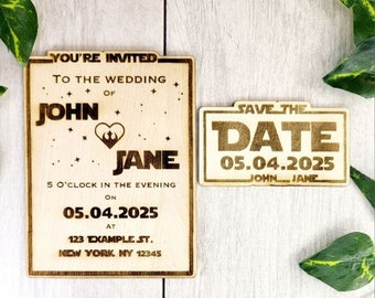 Bundled Star Wedding Invitation and Save the Date Magnet  | Personalized Wedding invite | Nerdy Sci Fi Geek Invite 4x6in