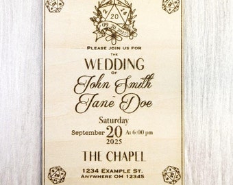D20 Wooden Wedding Invitation • Laser Engraved Dice Wedding Invite • Custom RPG Tabletop Stationery