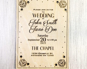 D20 Wooden Wedding Invitation • Rustic Fantasy Invite with Star Cutouts • Laser Engraved Wood • Nerdy DnD Wedding Favor •  RPG Stationery