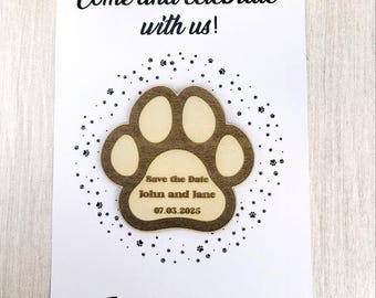 Pet Wedding Save the Date Magnet • Cat Paw Wedding Invitation • Custom Wood Magnet for Animal Lovers