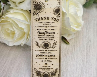 Personalisiertes Lesezeichen mit Sonnenblumenmotiv zur Hochzeit, rustikales Dankeschön-Geschenk für Gäste