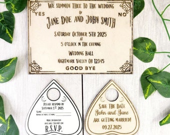 Bundled Ouija Board Invitation Magnet with RSVP Unique Gothic Invites | Personalized Wedding Announcement | Laser Cut Wooden Magnet 4x6in